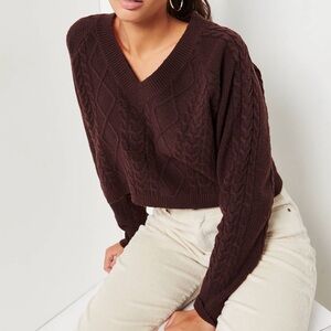 Cropped V Neck Cable Knit Sweater